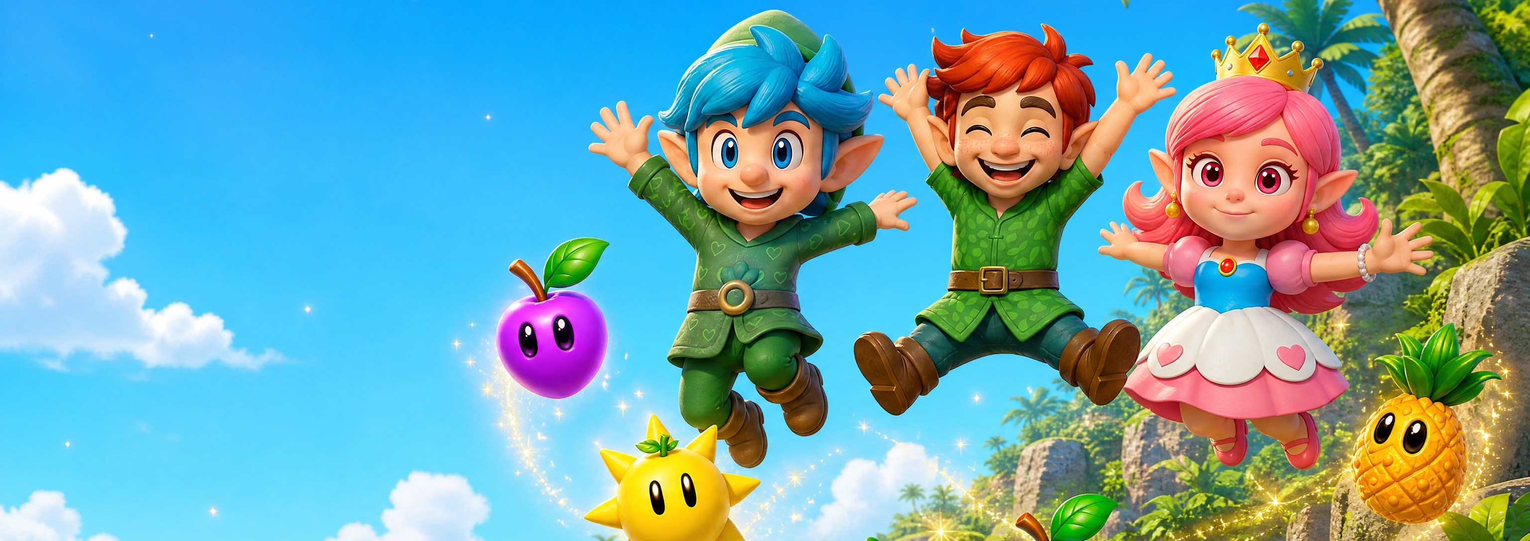Magic Fruit World heroes running with magic fruits